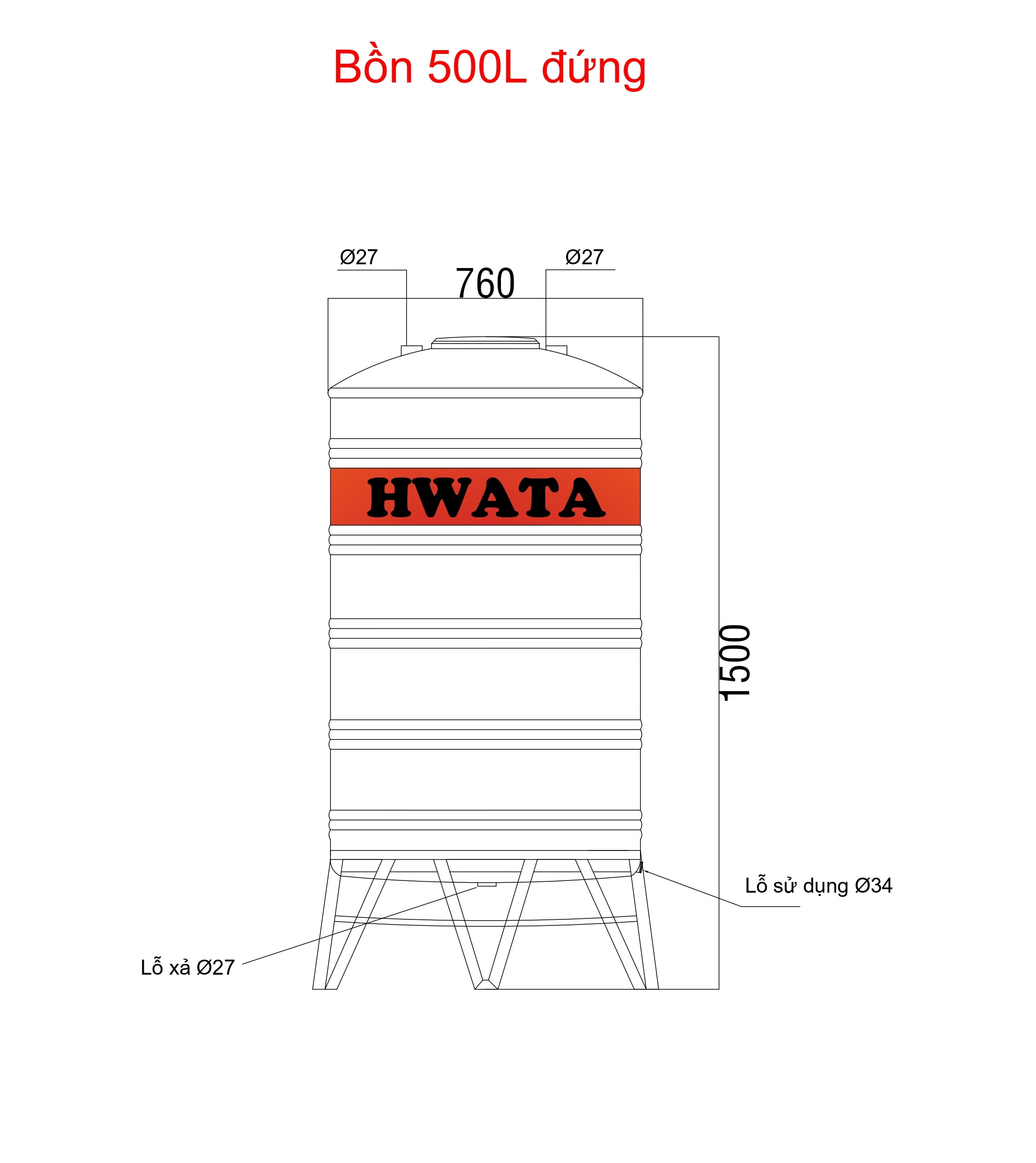 Thông số kỹ thuật Bồn Nước Inox Hwata 500L Đứng