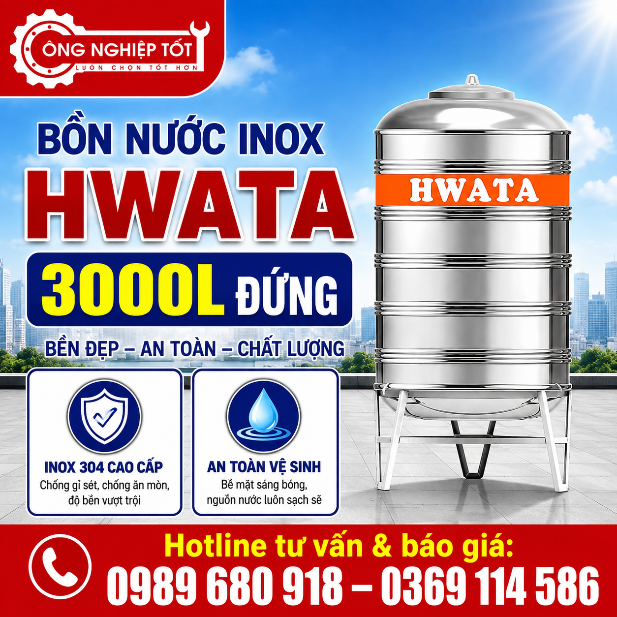 Bồn Nước Inox Hwata 3000L Đứng