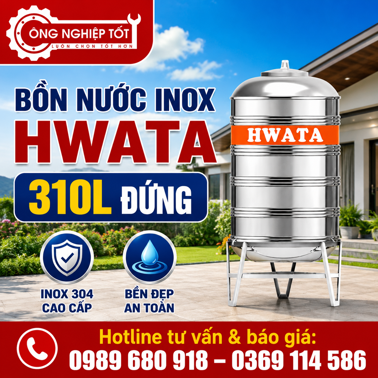 Bồn Nước Inox Hwata 310L Đứng