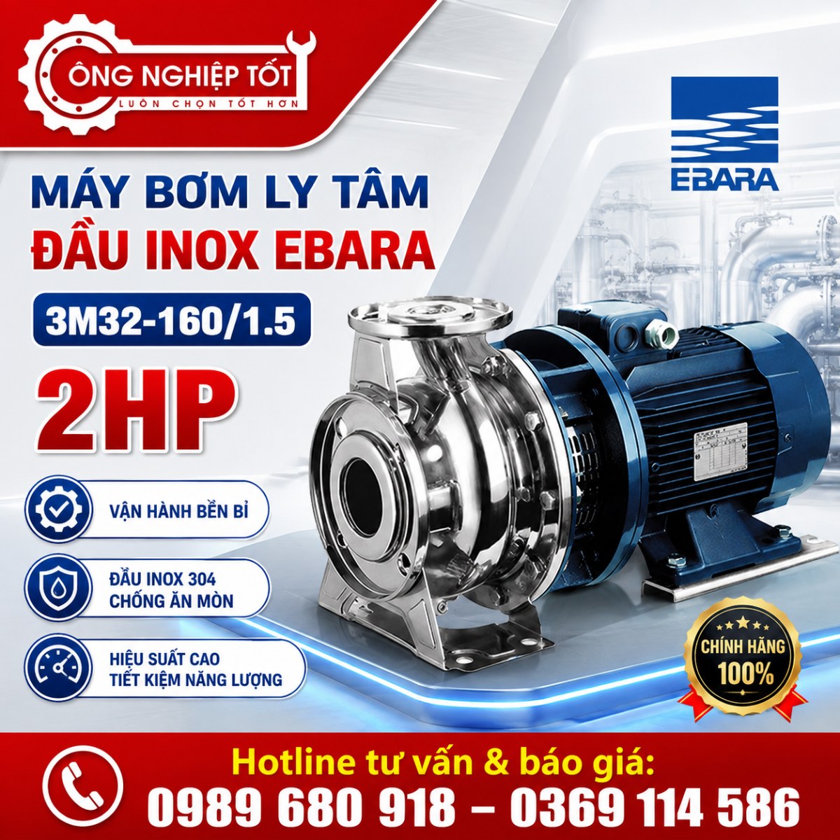 Máy bơm ly tâm đầu inox Ebara 3M32-160/1.5 2HP