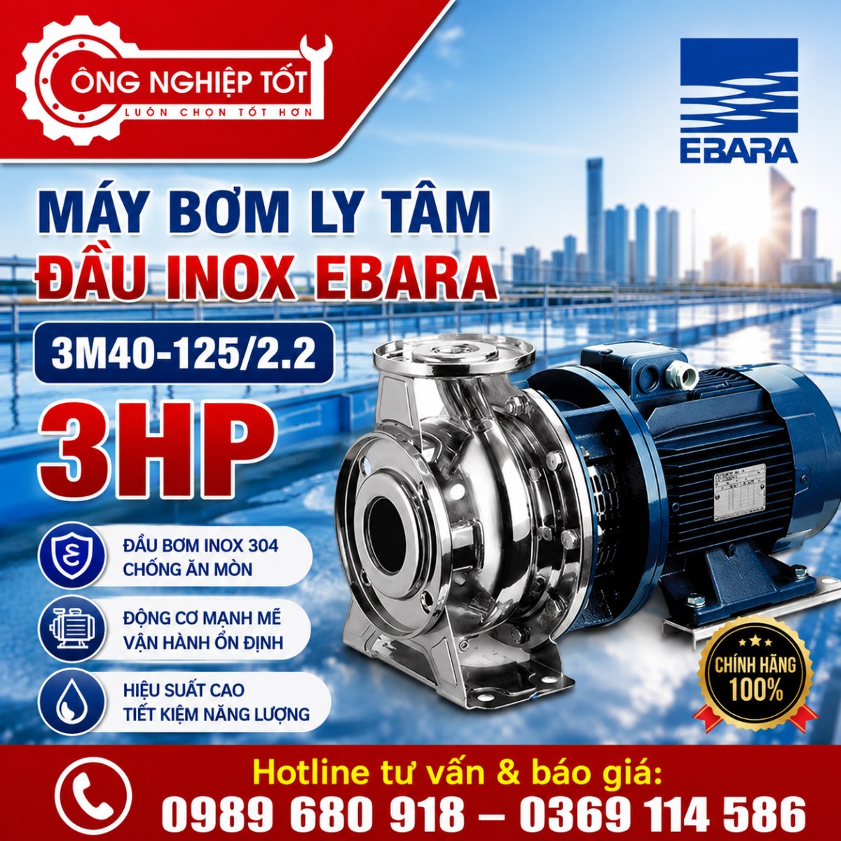 Máy bơm ly tâm đầu inox Ebara 3M40-125/2.2 3HP