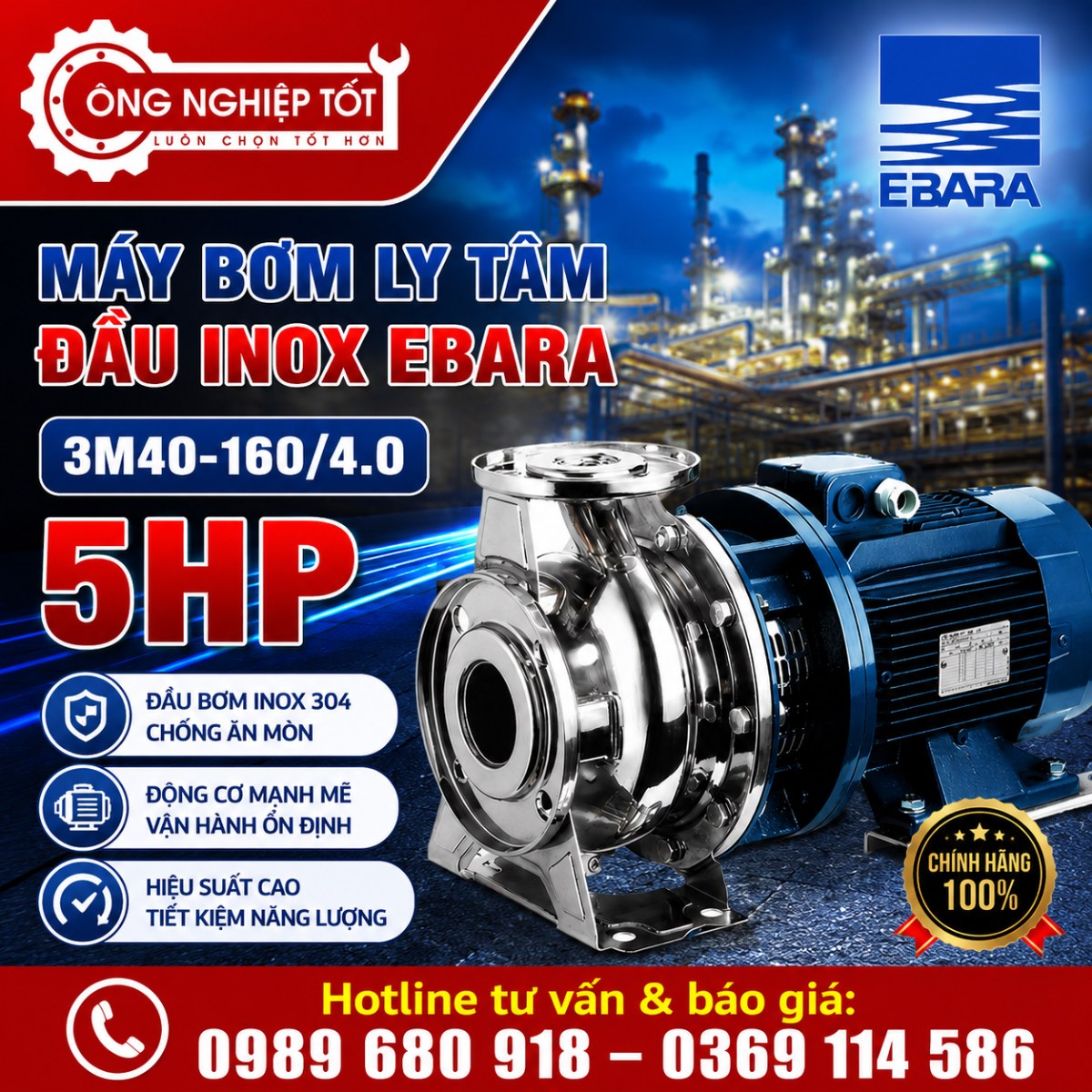 Máy bơm ly tâm đầu inox Ebara 3M40-160/4.0 5HP