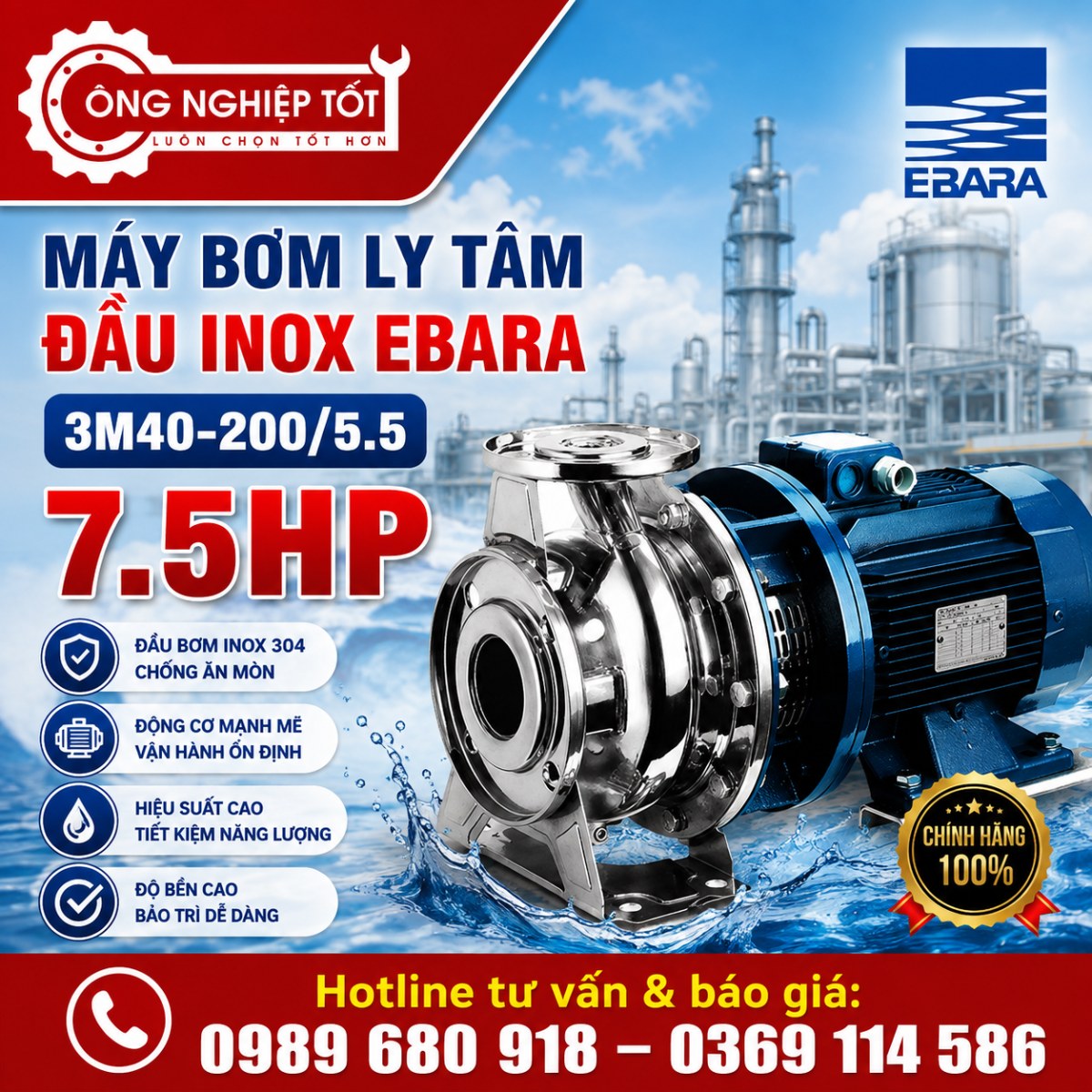 Máy bơm ly tâm đầu inox Ebara 3M40-200/5.5 7.5HP