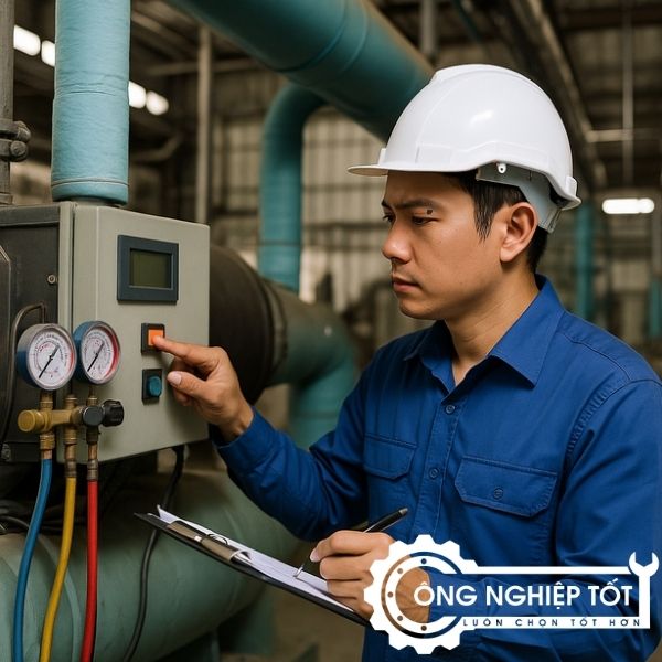 Kỹ sư Công Nghiệp Tốt kiểm tra vận hành hệ thống Chiller giải nhiệt nước